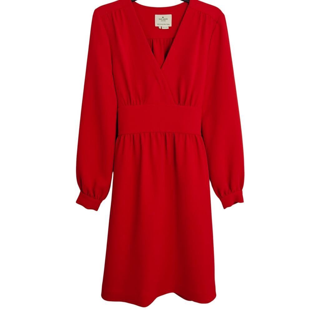 Kate Spade Tie Waist Faux Wrap Dress Size 10 Red Long Sleeves Festive Holiday - Picture 2 of 15
